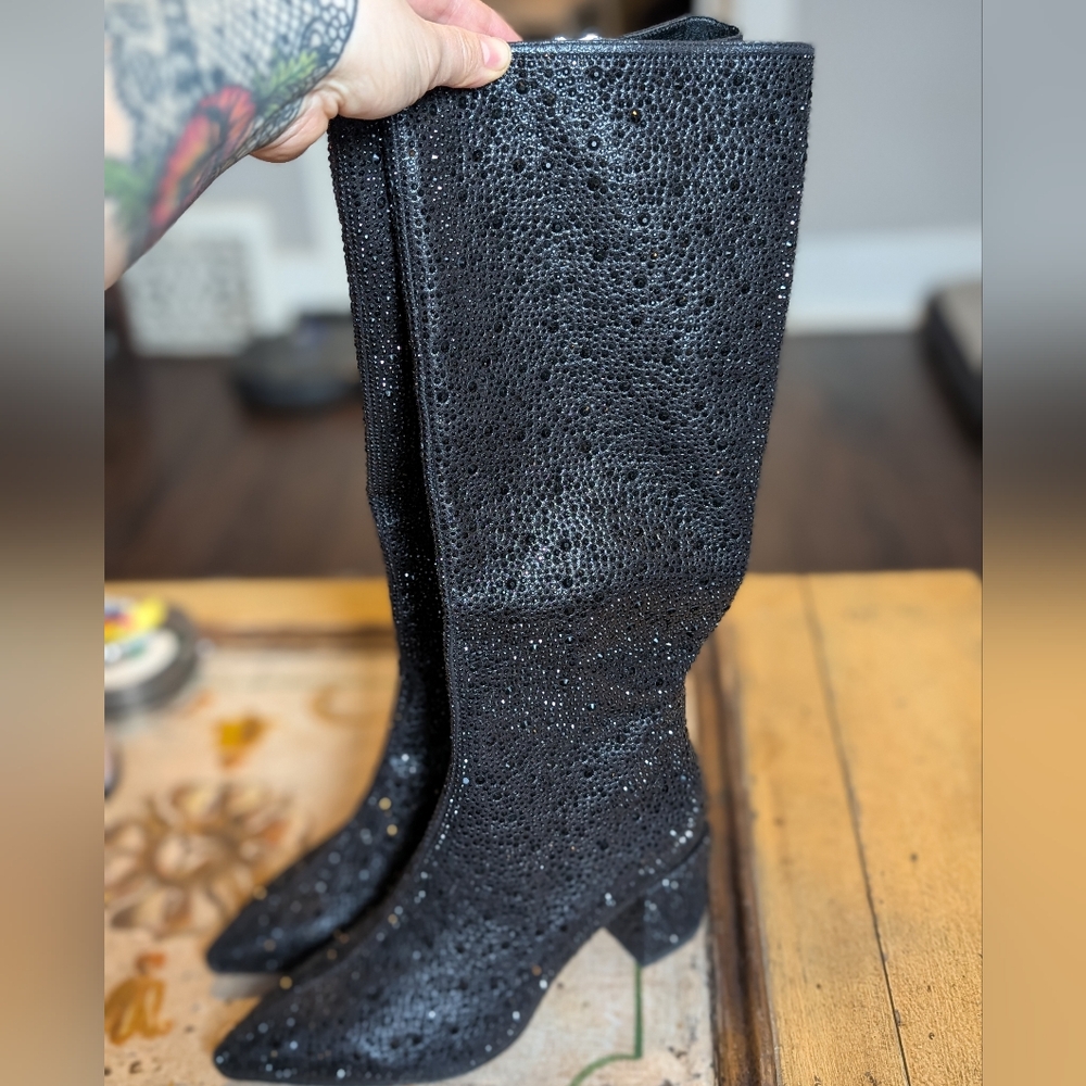 Women's Knee High Sparkly Black Short-heeled Boots